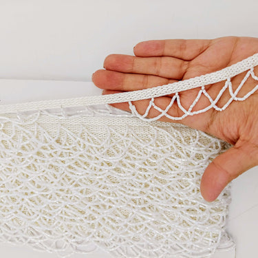 White Hand Embroidered Fringe Lace Trim With White Bugle Beads, Fringe Trim, Beaded Fringing